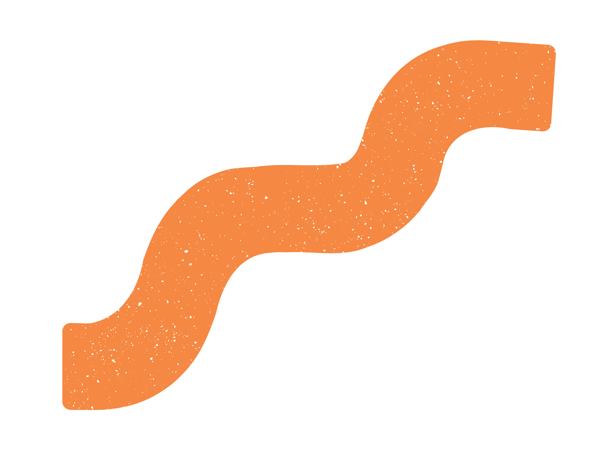 A black background with a large orange S-shaped curve with black speckles.