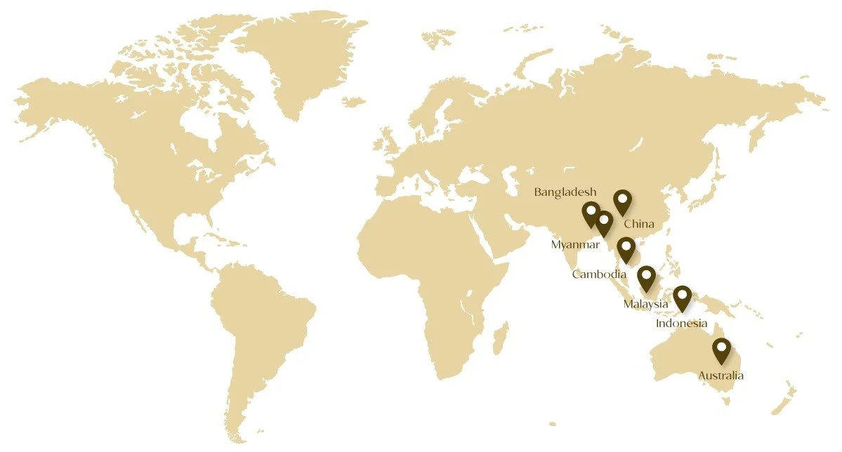 World map with highlighted locations labeled Bangladesh, Myanmar, Cambodia, China, Malaysia, Indonesia, and Australia.