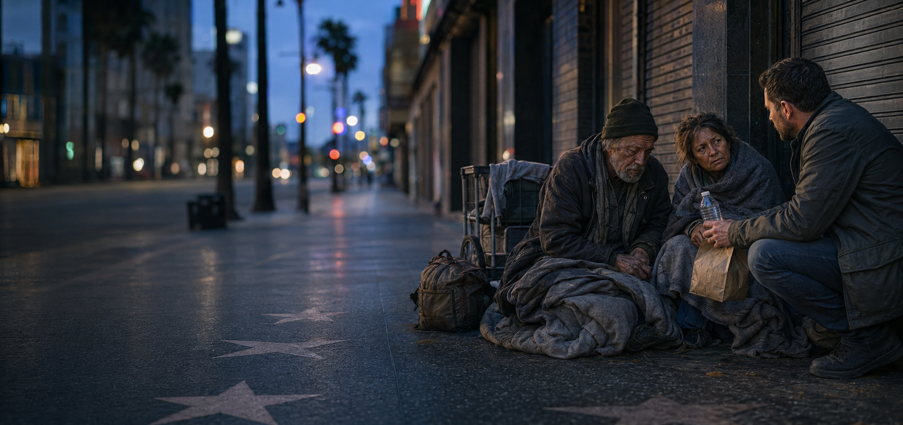 A man sits with two neighbors experiencing homelessness, offering food, water, conversation, and encouragement—reflecting Christ-centered outreach through compassion, fellowship, and taking time to care for those in need in the name of Jesus.