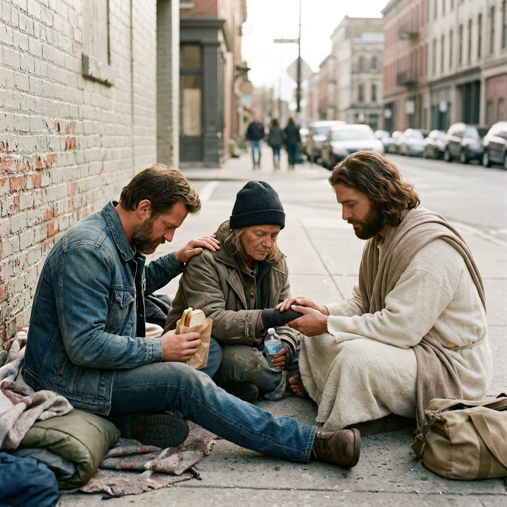 A man depicted as Jesus comforts and prays with a woman experiencing homelessness as another man sits beside her, portraying the love of Christ through compassion, fellowship, and service.