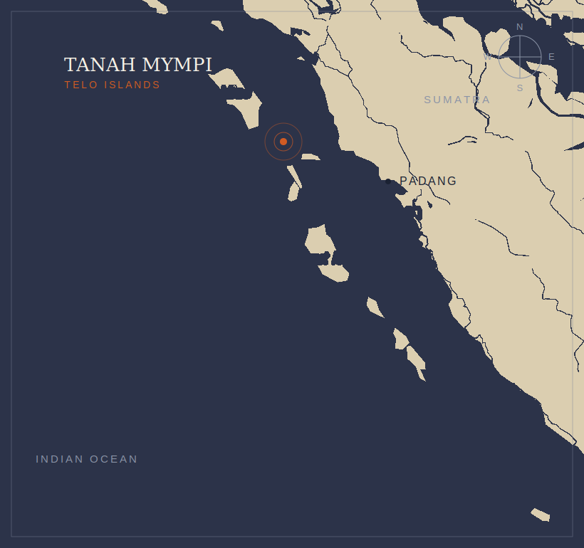 A map showing the route from Padang to the Telo Islands, Sumatra.