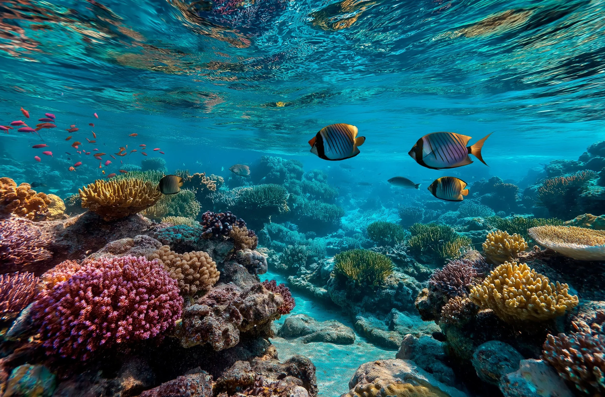 Marine life off the island shores with colorful wildlife and reefs.