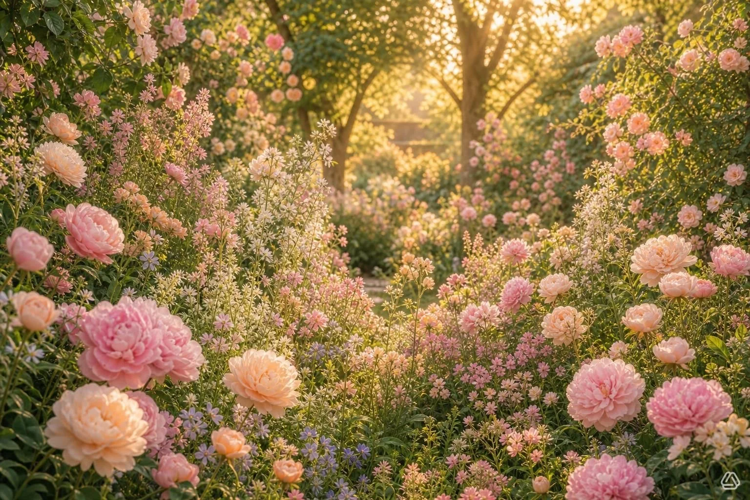 A garden filled with pink and peach peony and daisy flowers in bloom during sunset.