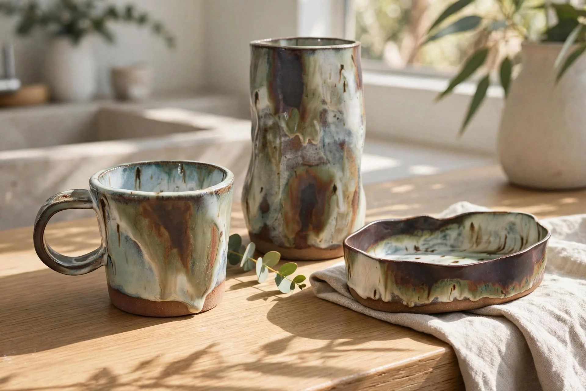 Set of handmade ceramic tableware including mug, tall vase, and dish with earthy, multicolored glaze on a wooden table near a window with potted plants.