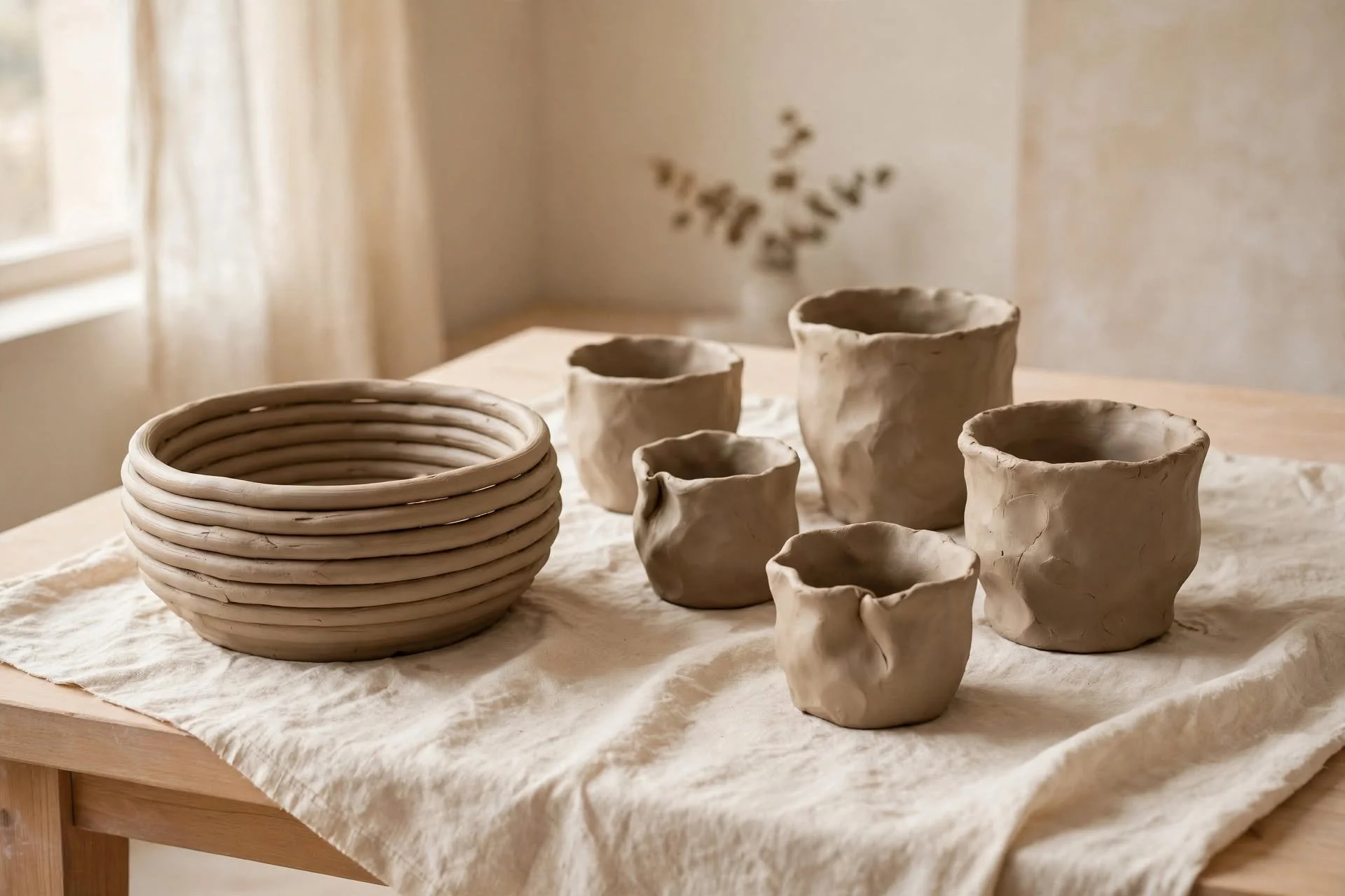 Ceramic pottery pieces and a coiled basket on a cloth-covered table in a natural indoor setting.