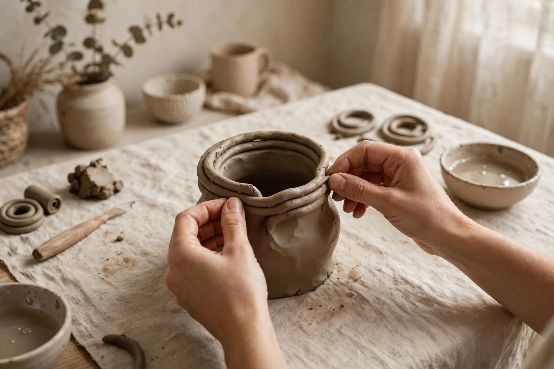 Person shaping a clay mug on a ceramic worktable at a pottery studio with various finished pieces and pottery tools in the background.