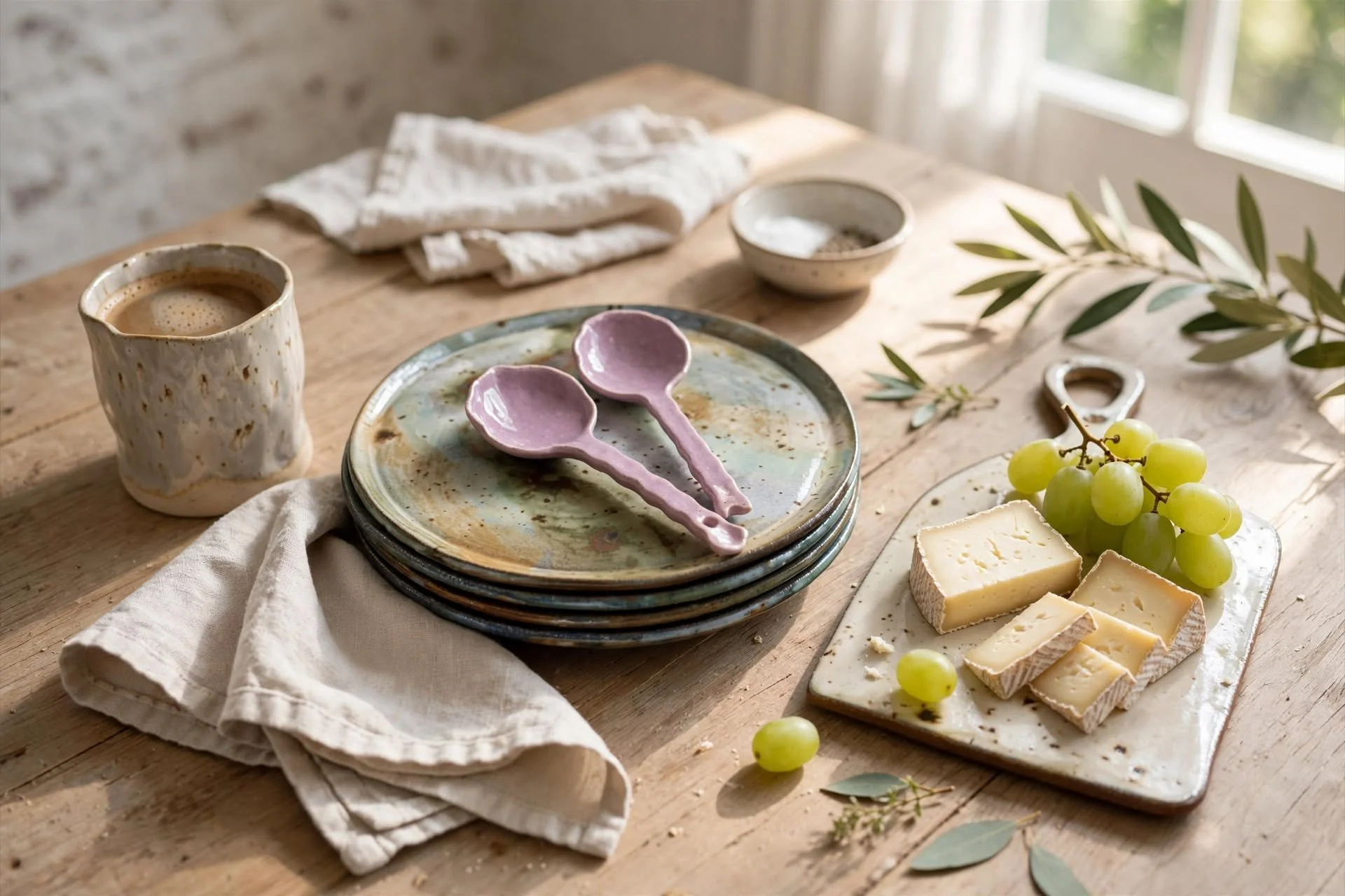 A rustic wooden table set with a cup of coffee, pink ceramic spoons on a colorful plate, a cheese and grape platter, and some scattered greenery.