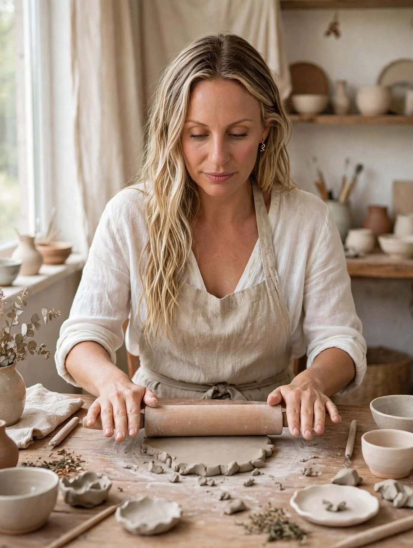 Woman rolling out clay on a wooden table in a pottery studio.