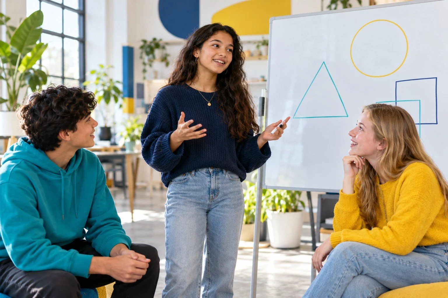 A teen presenting her idea at a whiteboard while peers listen