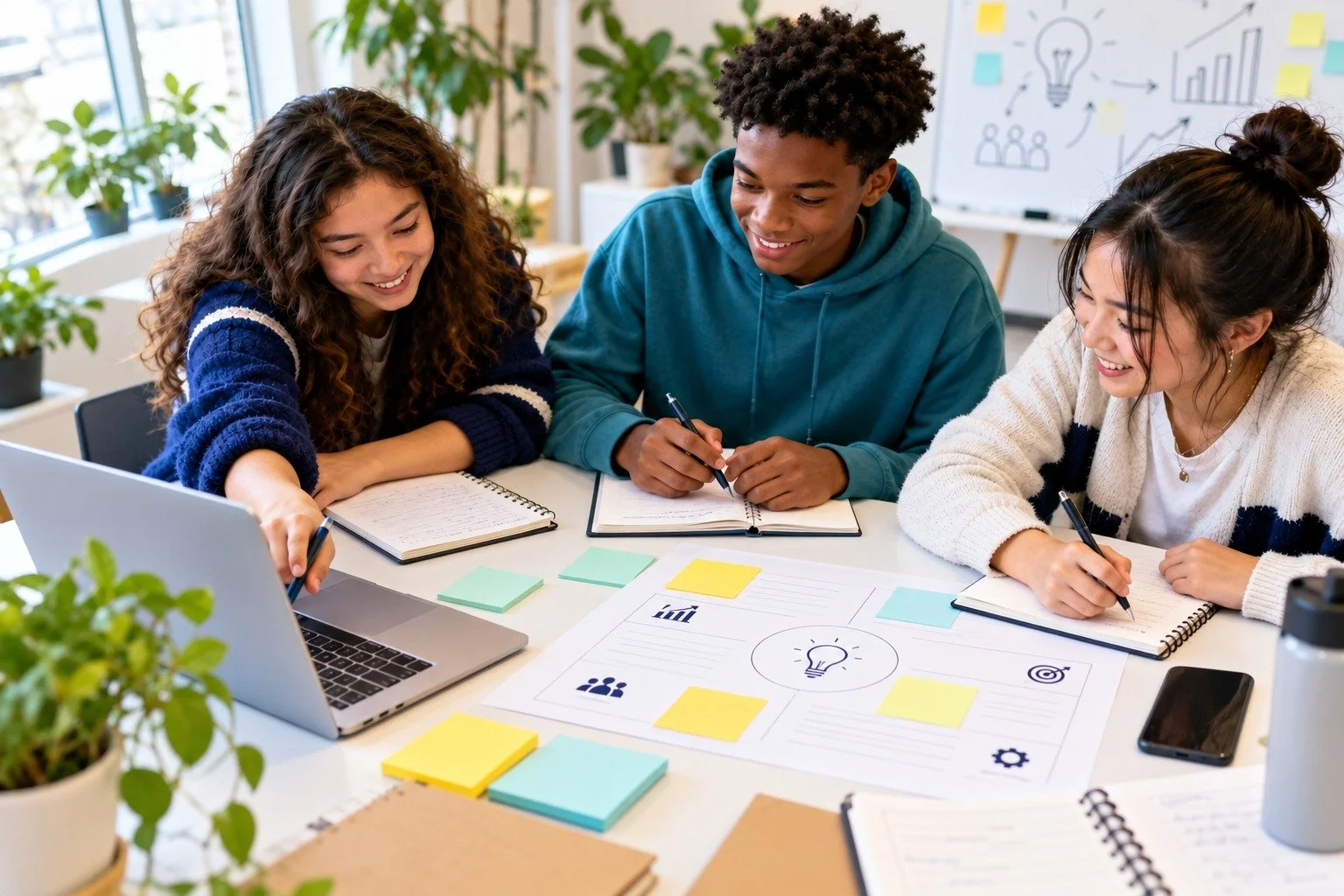 Three teens collaborating on a business proposal with a laptop, planning worksheets, and sticky notes