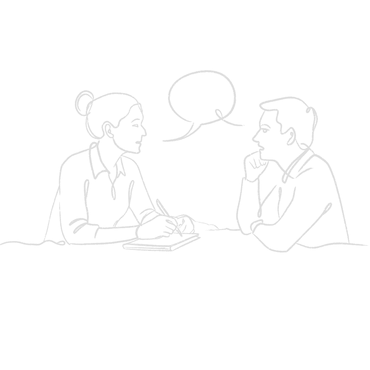 Line drawing of a woman and a man sitting at a table having a conversation. The woman is taking notes, the man has his hand on his chin, and they are facing each other with speech bubbles above them.