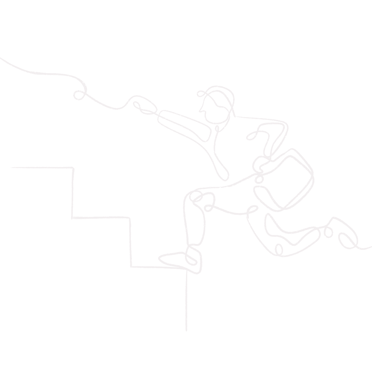 Line art illustration of a person climbing stairs, reaching upward with one hand, carrying a briefcase, and pointing forward with the other hand.