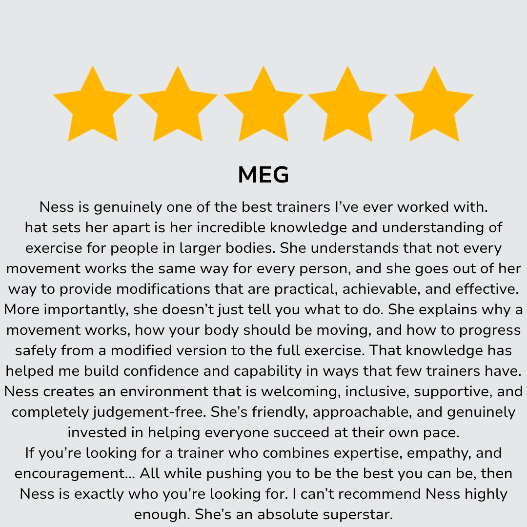 Five-star rating graphic with review text praising trainer Meg and her expertise, supportiveness, and effective coaching style.