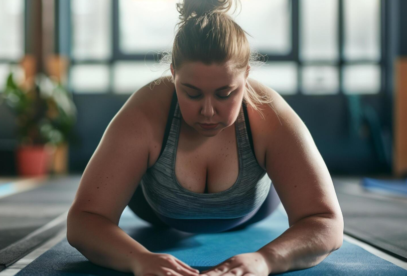Woman practicing yoga or stretching on a mat indoors, with large windows and plants in the background.
