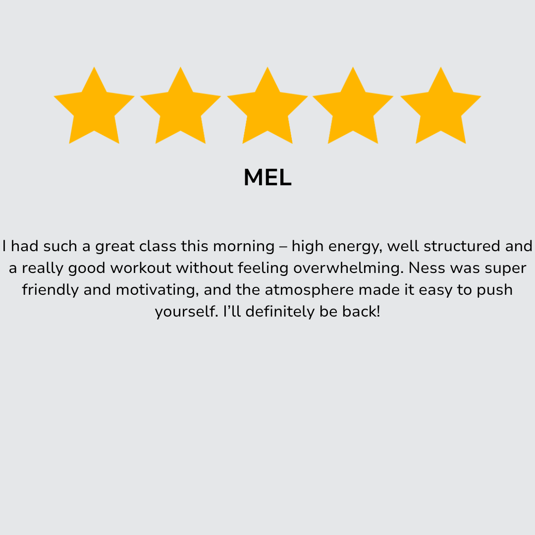 Five gold stars, the word 'MEL' underneath them, and a paragraph of text praising a workout class for high energy, good structure, a motivating atmosphere, and Ness's friendliness.