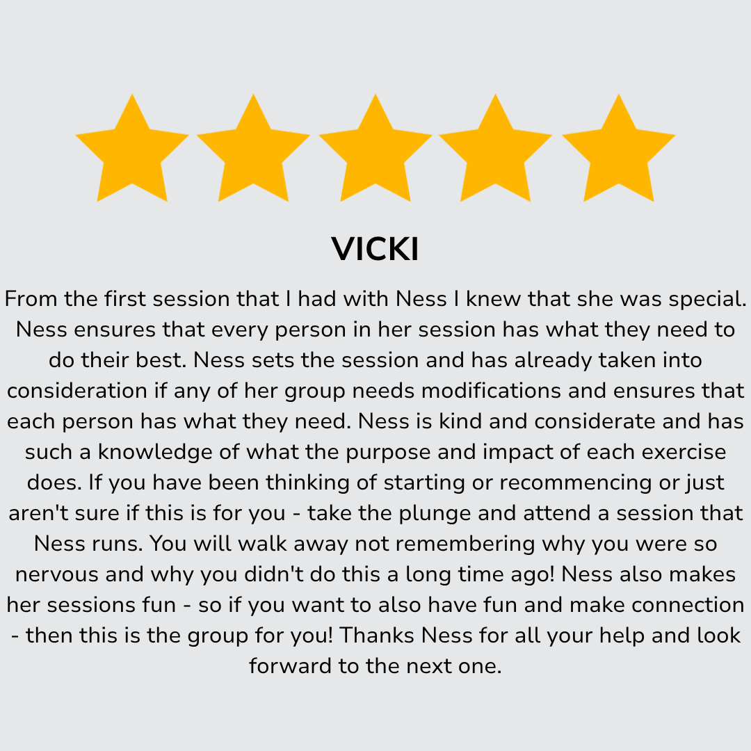 Five gold stars and a review titled 'Vicki' praising Ness for her personalized session, support, and making sessions fun.