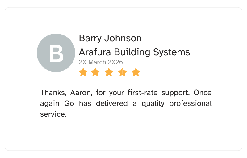 A digital review or testimonial card for Barry Johnson from Arafura Building Systems, dated March 20, 2026, with a five-star rating and a thank you message to Aaron for first-rate support.