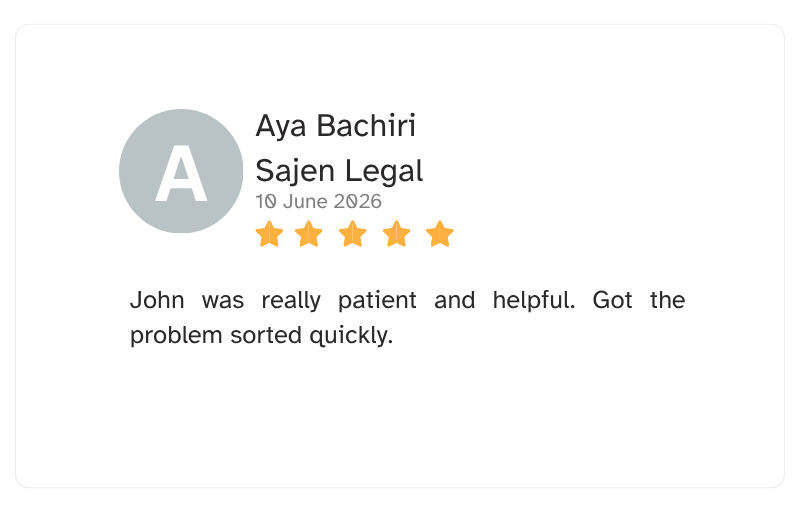 A patient review showing a gray circle with a white letter A, the name Aly Bachiri, and Sajen Legal, dated June 10, 2026, with a five-star rating and a comment about a helpful and patient John.