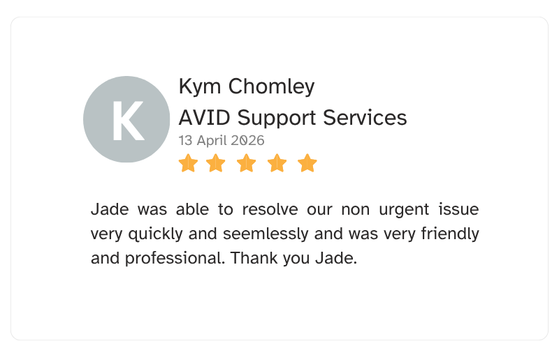 Customer positive review for AVID Support Services, dated April 13, 2026, showing a five-star rating and a message praising Jade for resolving a non-urgent issue quickly and professionally.