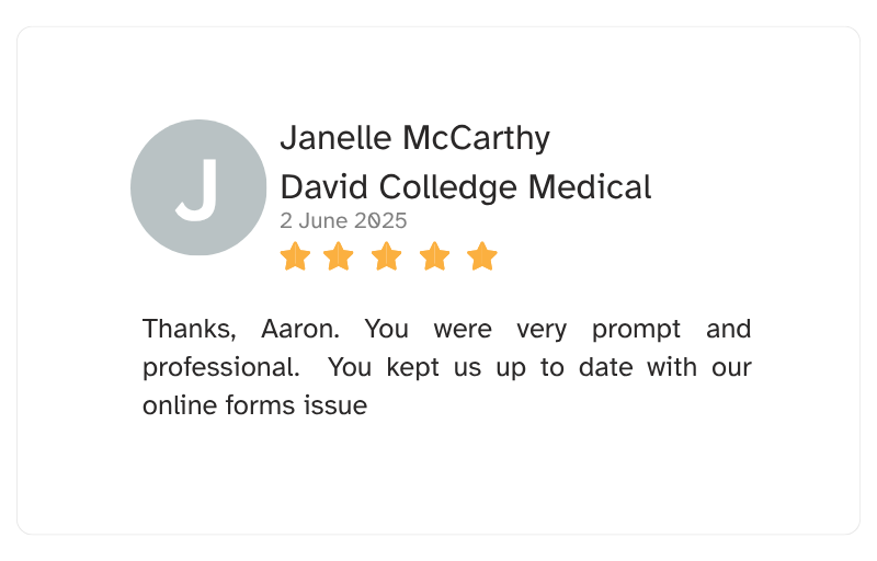 A digital review or testimonial with a gray circle containing a white letter 'J', the name Janelle McCarthy, and her affiliation with David College Medical, dated June 2, 2025, with a five-star rating and a message praising Aaron for professionalism and promptness.