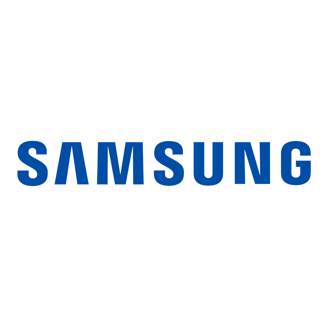 Samsung logo in blue text on a white background