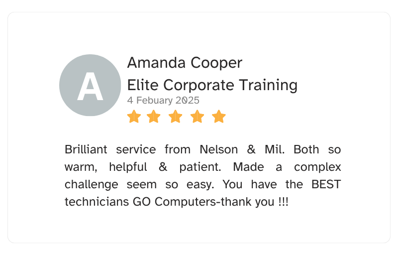 Digital review card with name Amanda Cooper, company Elite Corporate Training, date February 4, 2025, five-star rating, and positive customer feedback.
