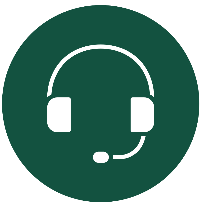 Icon of a white headset with a microphone on a dark green circular background.