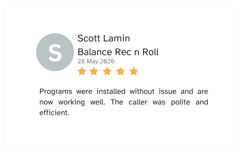 Online review for Scott Lamin's Balance Recognition Roll on May 28, 2026, with a 5-star rating and positive comment about program installation and caller politeness.