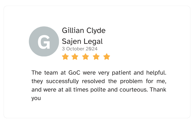 Online review from Gillian Clyde for Sajen Legal, dated October 3, 2024, with a 5-star rating, praising the patience, helpfulness, and politeness of the team at GoC.