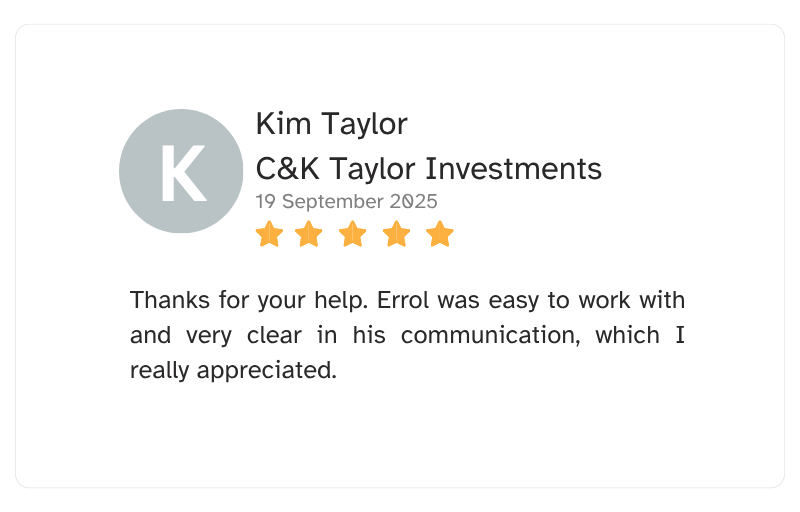 Screenshot of a review for Kim Taylor of C&K Taylor Investments, dated September 19, 2025, with a five-star rating and a thank you message.