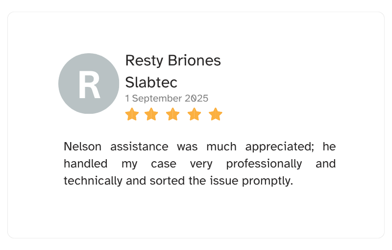 Customer review with a gray user icon, five stars, and a five-star rating for Resty Briones from Slabtec, dated September 1, 2025, praising Nelson for professional and prompt assistance.