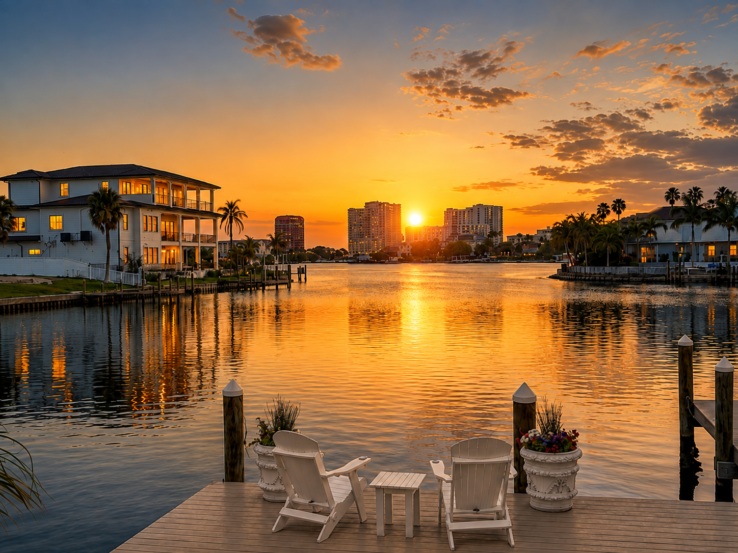 A picturesque waterfront scene during sunset with a dock and two white chairs facing the water, decorated with flower pots. The water reflects the colorful sky, with residential buildings, palm trees, and taller buildings in the background.