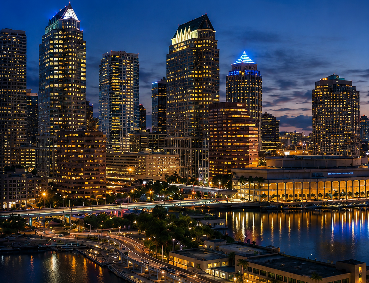 Tampa skyline at night along the waterfront, representing the Tampa Bay communities served by The Husbands of Tampa Bay.
