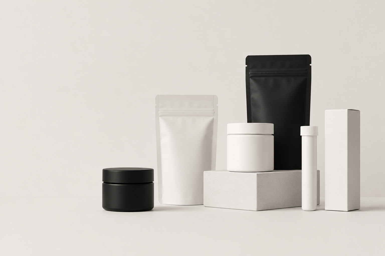 Minimalist cannabis packaging — matte black jar and pouch, white jar, tube, and box against a warm neutral background