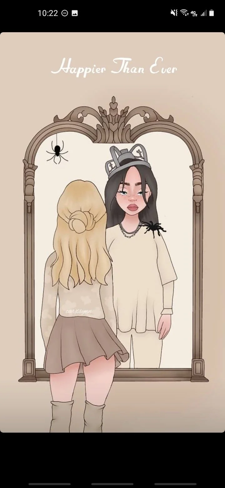 An illustration of a girl with black hair wearing a gray hat with cat ears, looking at her reflection in a mirror. The girl in the mirror has long blonde hair styled in a bun and is wearing a beige top and skirt. There is a small spider hanging from 