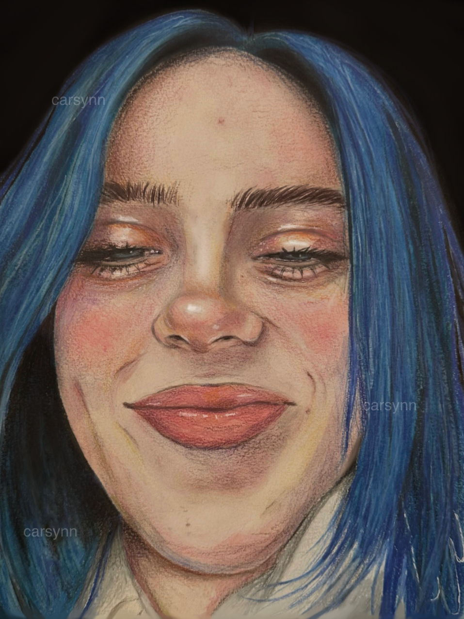 Close-up portrait of a woman with blue hair, smiling with closed eyes, fair skin, pink blush, and full lips.