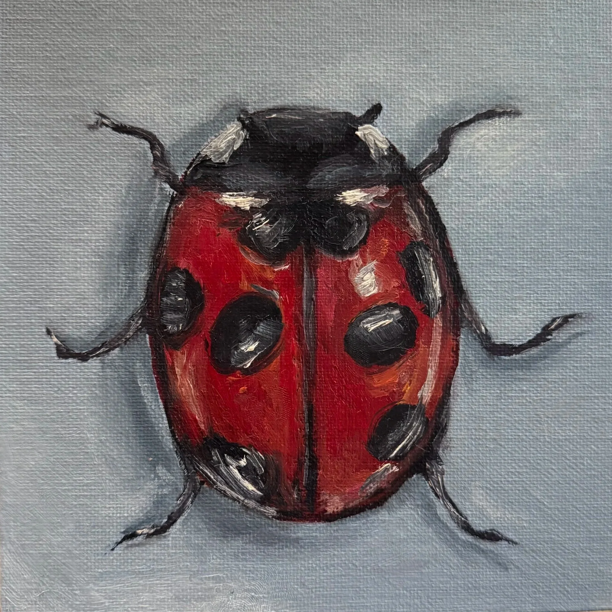 Close-up of an oil painting depicting a ladybug with black spots on red wings on a textured gray background.