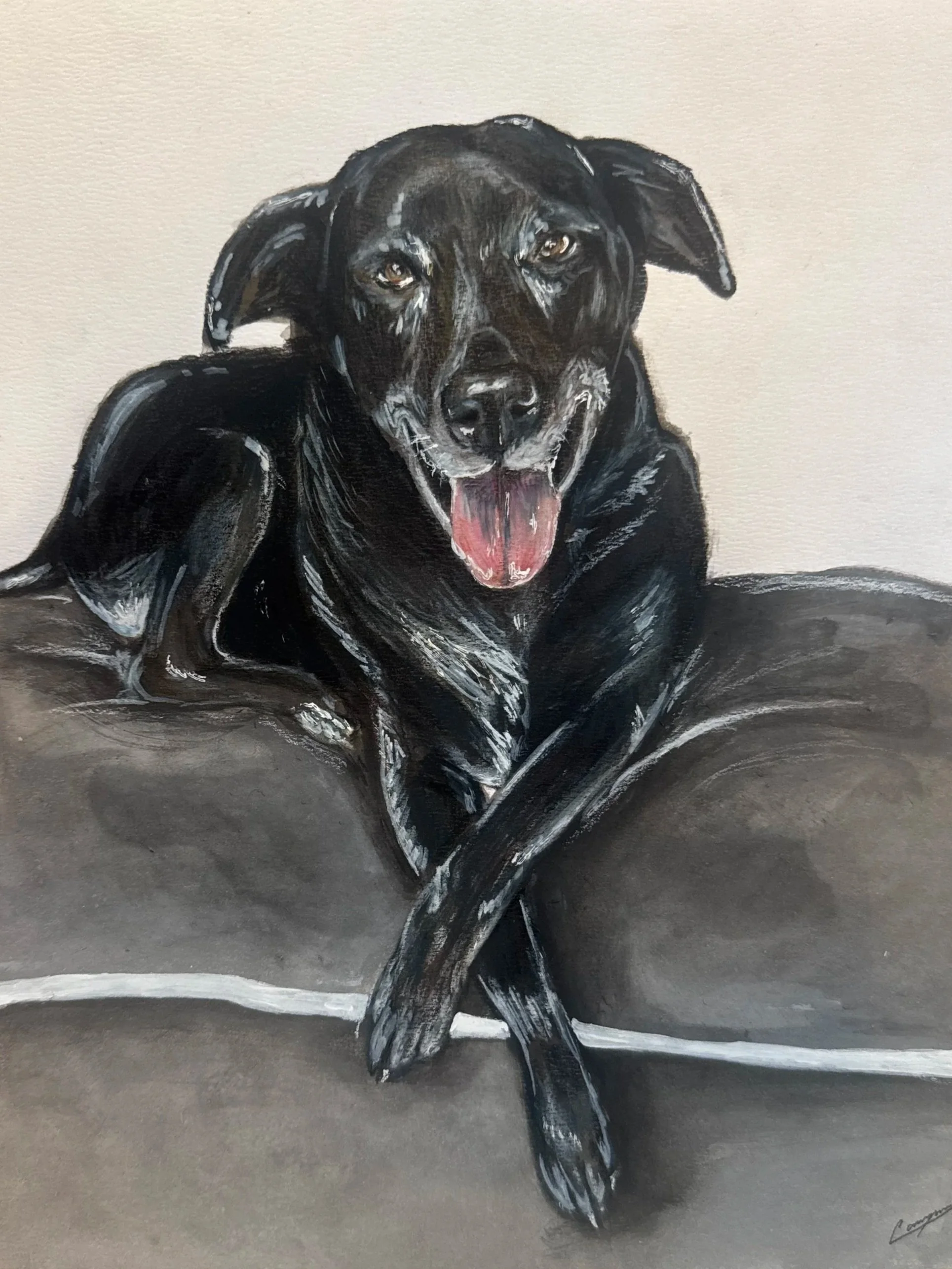 An oil painting of a black dog with a happy expression, sitting on a surface with a neutral background.