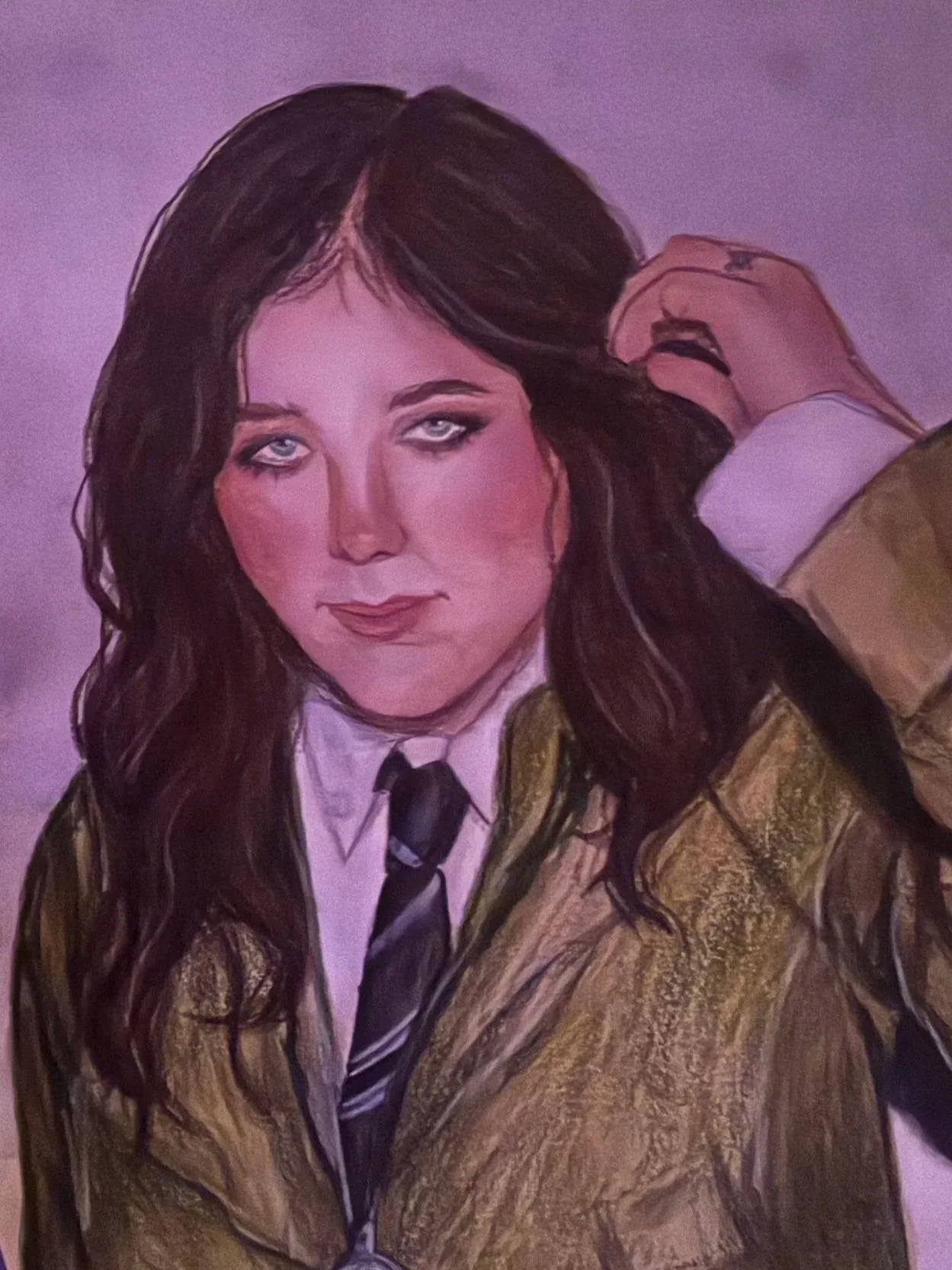 Painting of a woman with long dark hair, wearing a school uniform with a tie, in a close-up portrait style.