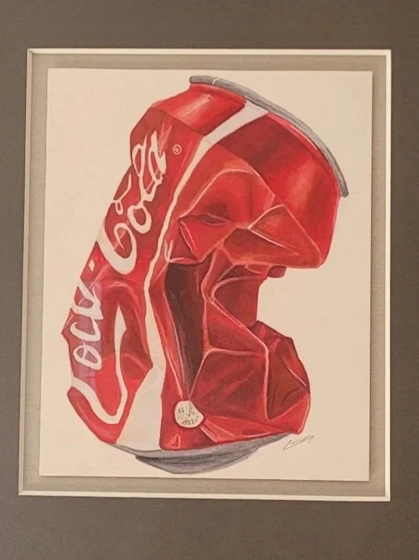 Artwork of a crushed Coca-Cola can with the brand's logo and the inside of the can exposed.