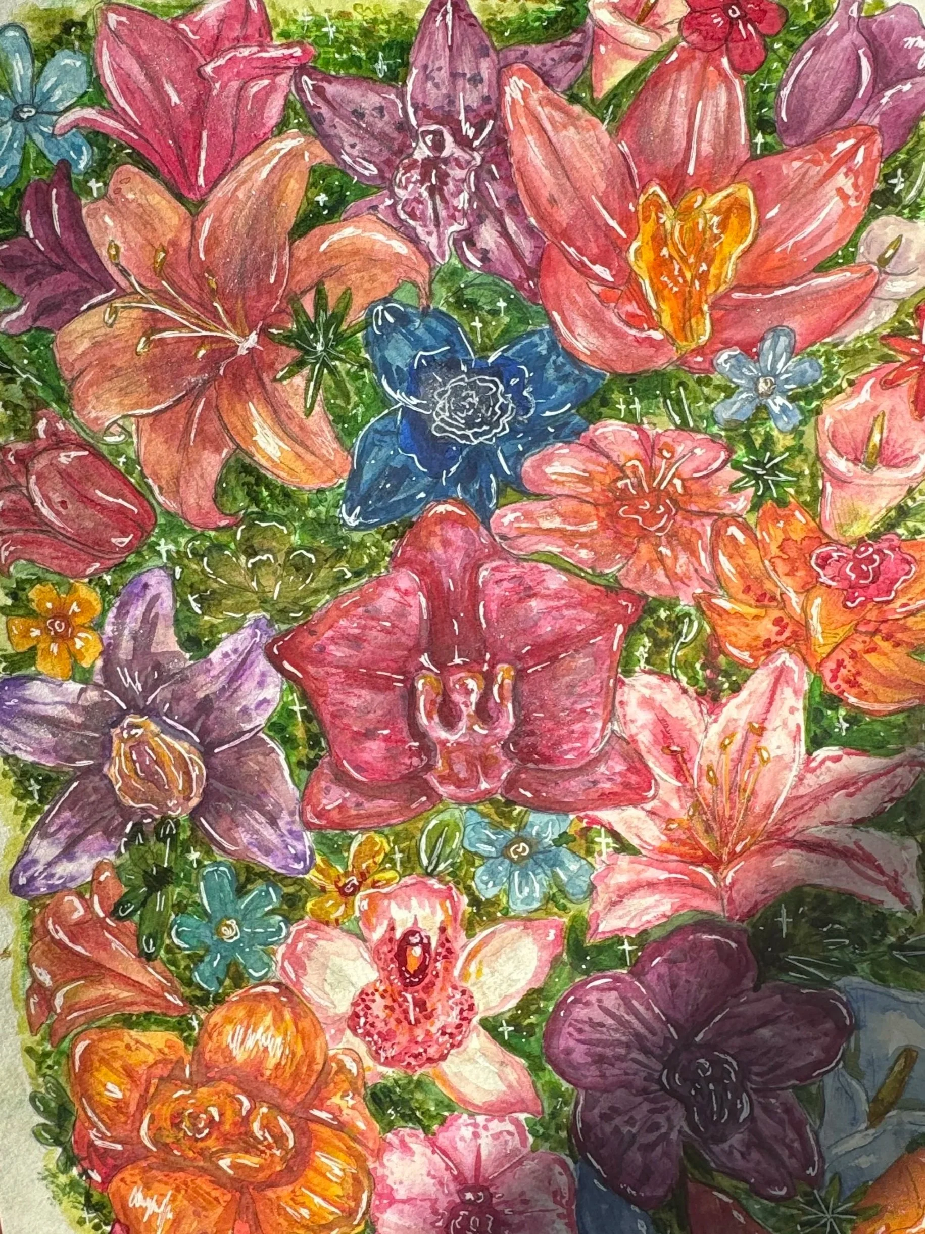 Colorful watercolor painting of various tropical flowers, including lilies and orchids, with lush green foliage in the background.