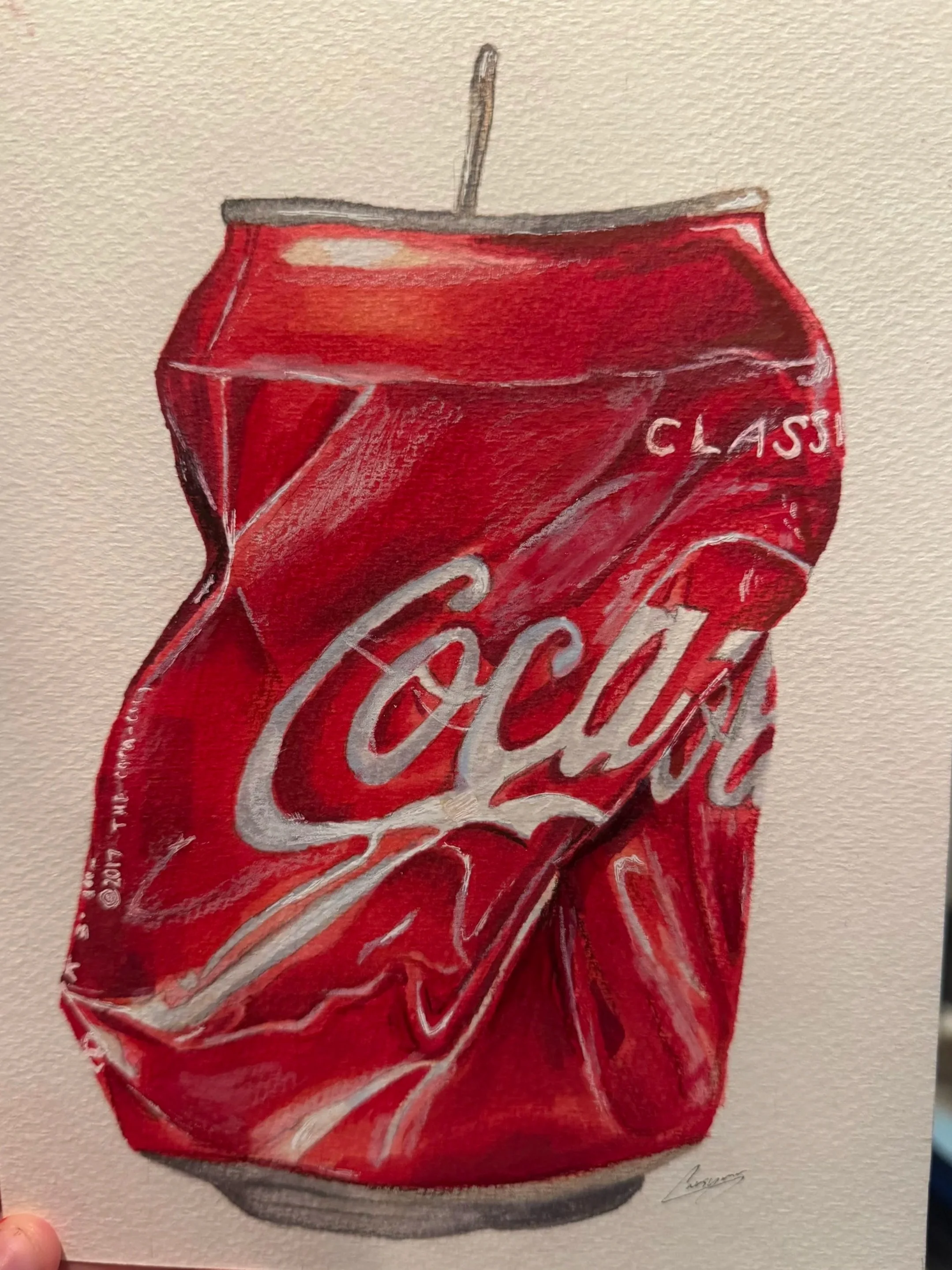 A painting of a Coca-Cola soda can with a straw in it, rendered in a realistic style.