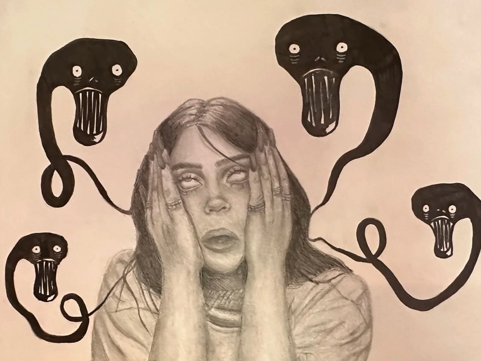 A woman with long hair holding her face with both hands, surrounded by illustrated black snakes with white eyes and open mouths, creating a chaotic and intense scene.