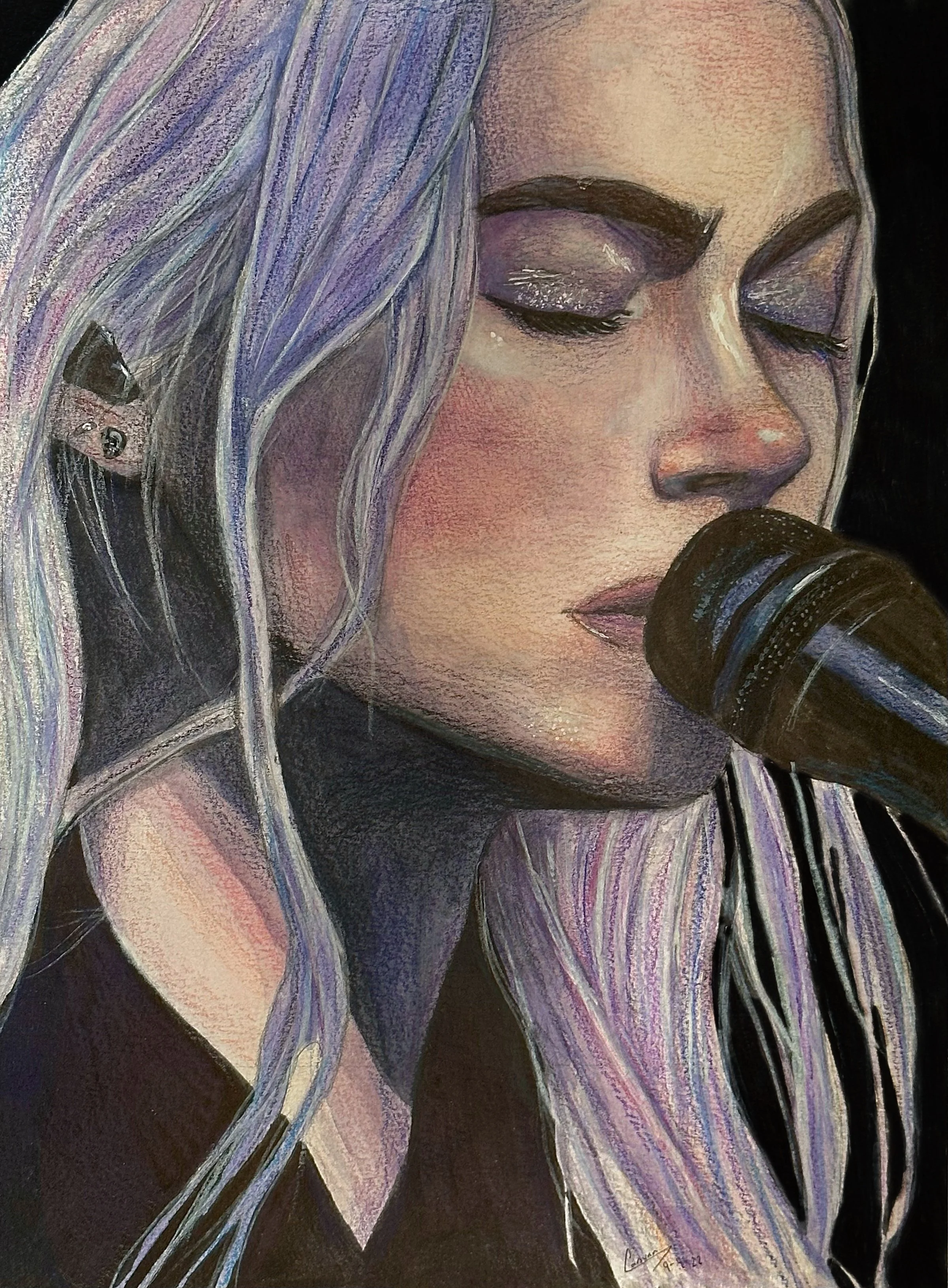 Digital painting of a woman with long silver hair singing into a microphone, with closed eyes and a focused expression.