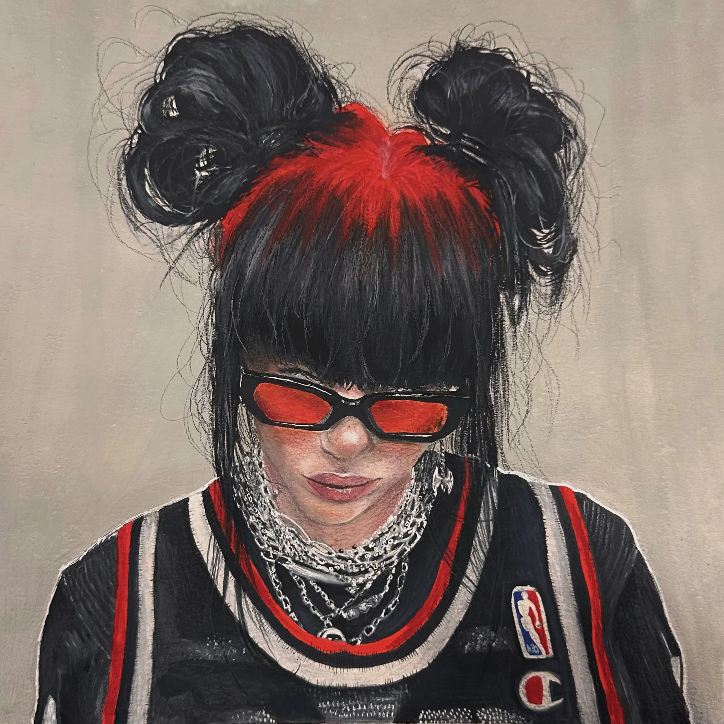 Close-up of a woman's face with red lipstick, wearing red sunglasses, multiple necklaces, a black through, and a basketball jersey with a logo.