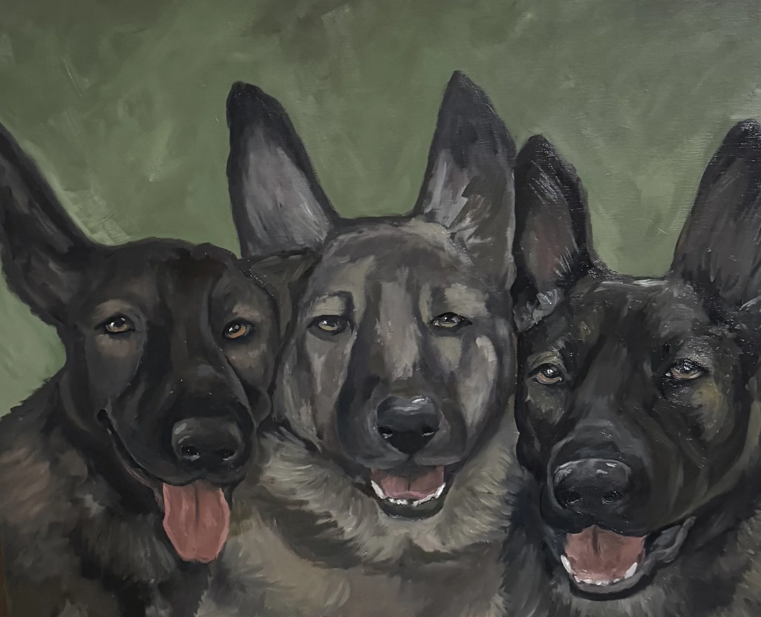 Painting of multiple black dogs with a green background, some with tongues out.
