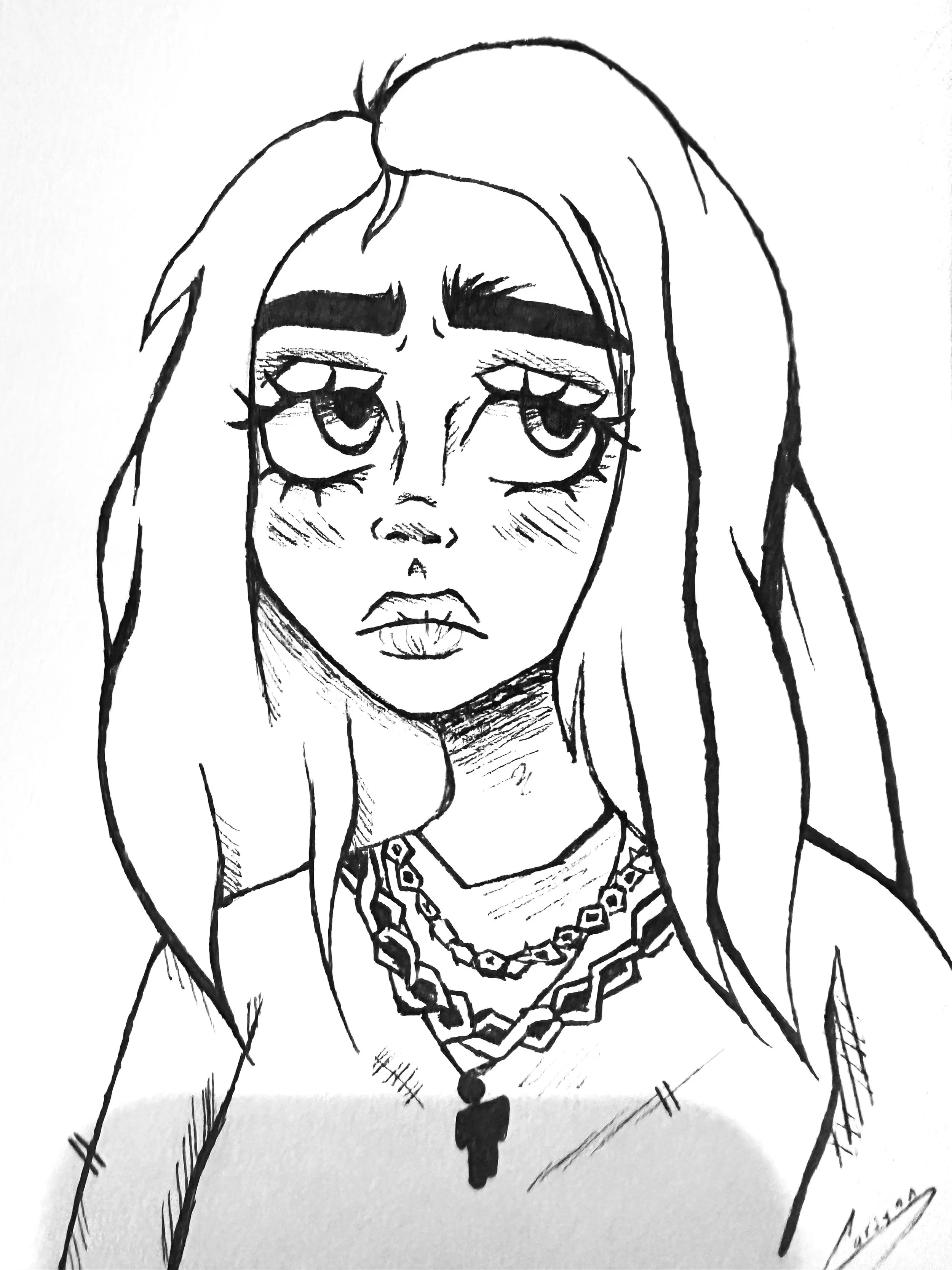 Black and white drawing of a woman with long hair, heavy eye makeup, buck teeth, and freckles, wearing a necklace with large links and a ribbon tied at the neck.