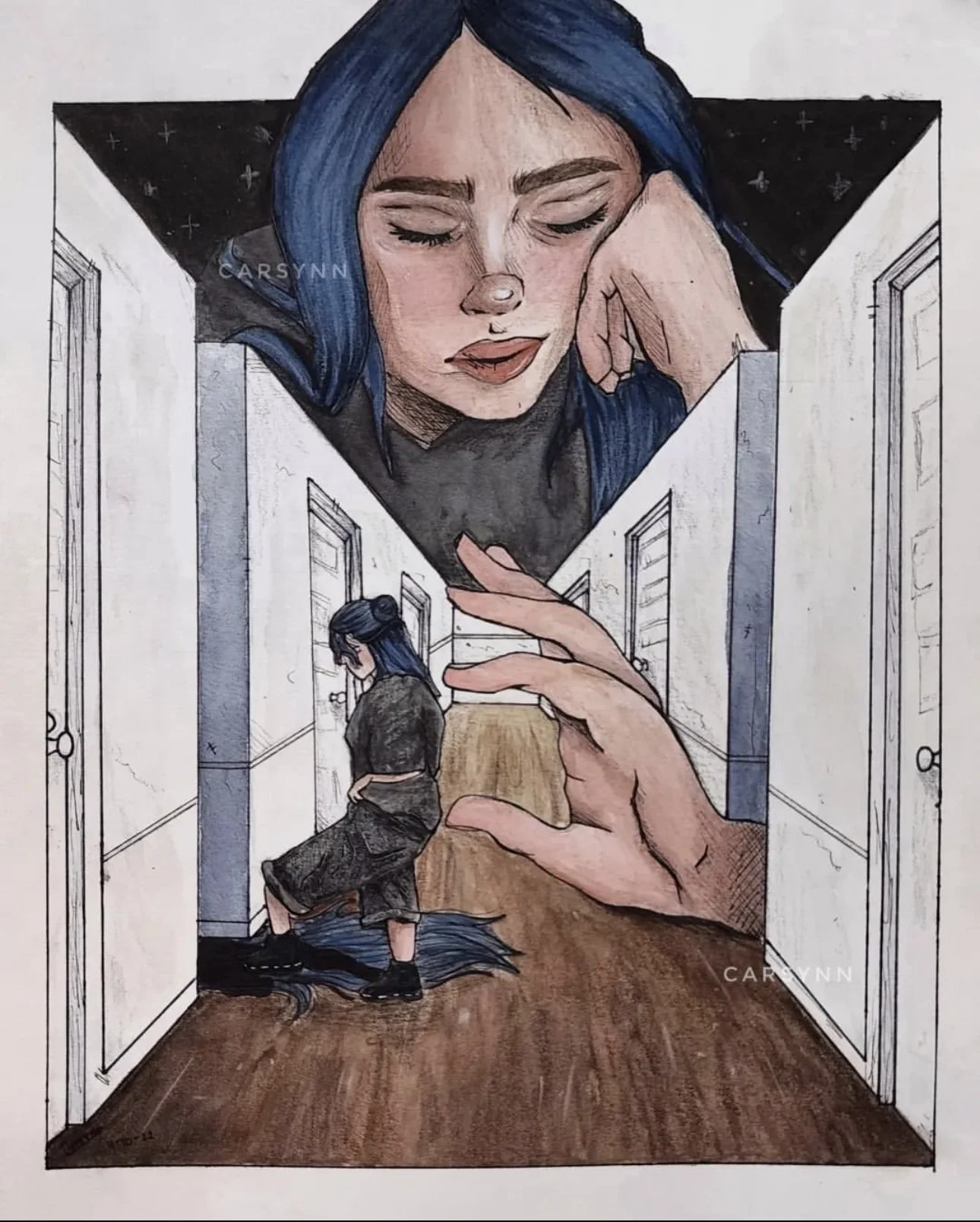 An artistic drawing depicting a woman with blue hair resting her head on her hand, seen through a large square hole in the wall of a hallway. Inside the hallway, a smaller figure of the same woman dressed in black, sitting on the floor with her head 