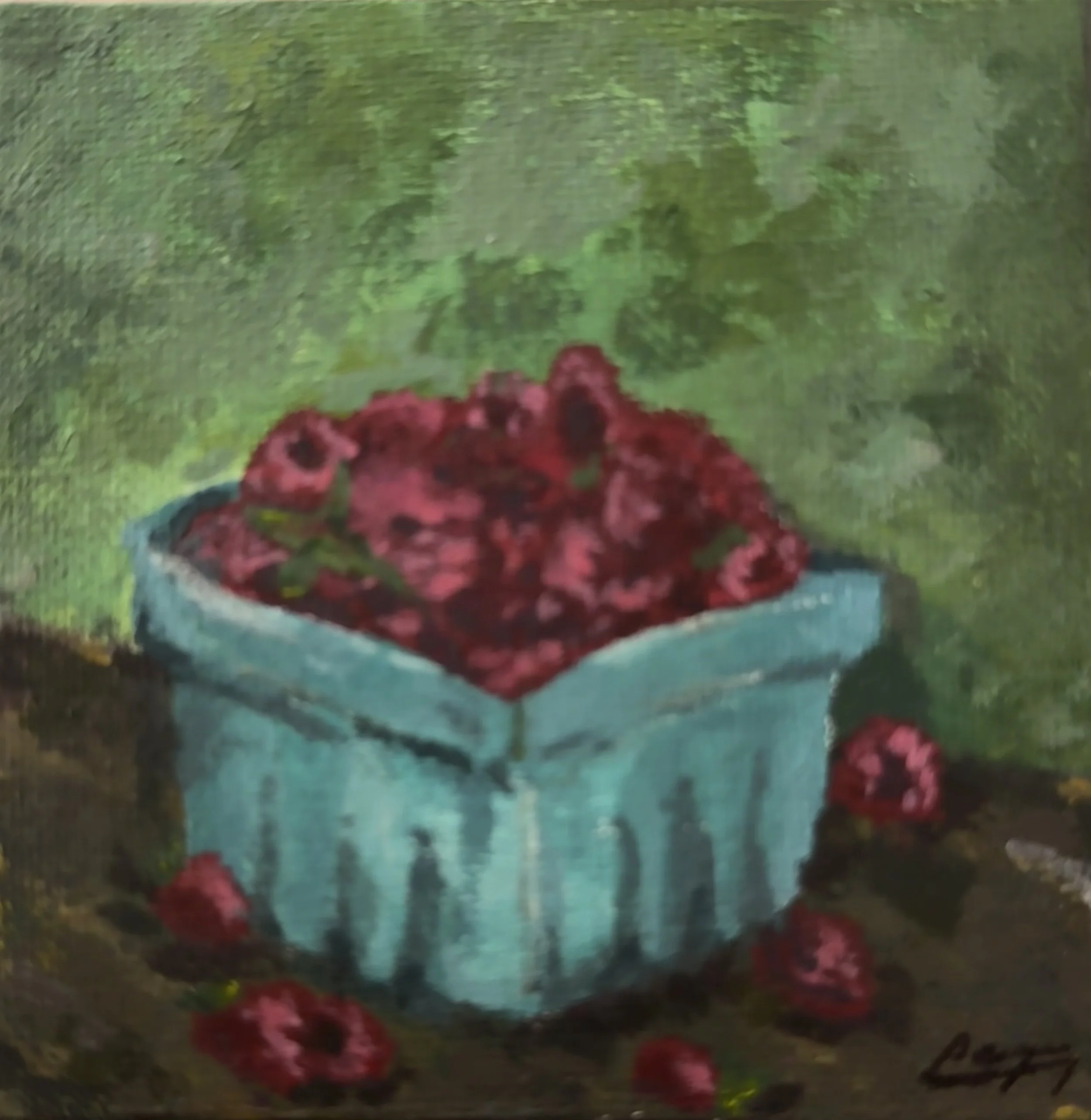 Abstract painting with splashes of green, red, and blue colors.