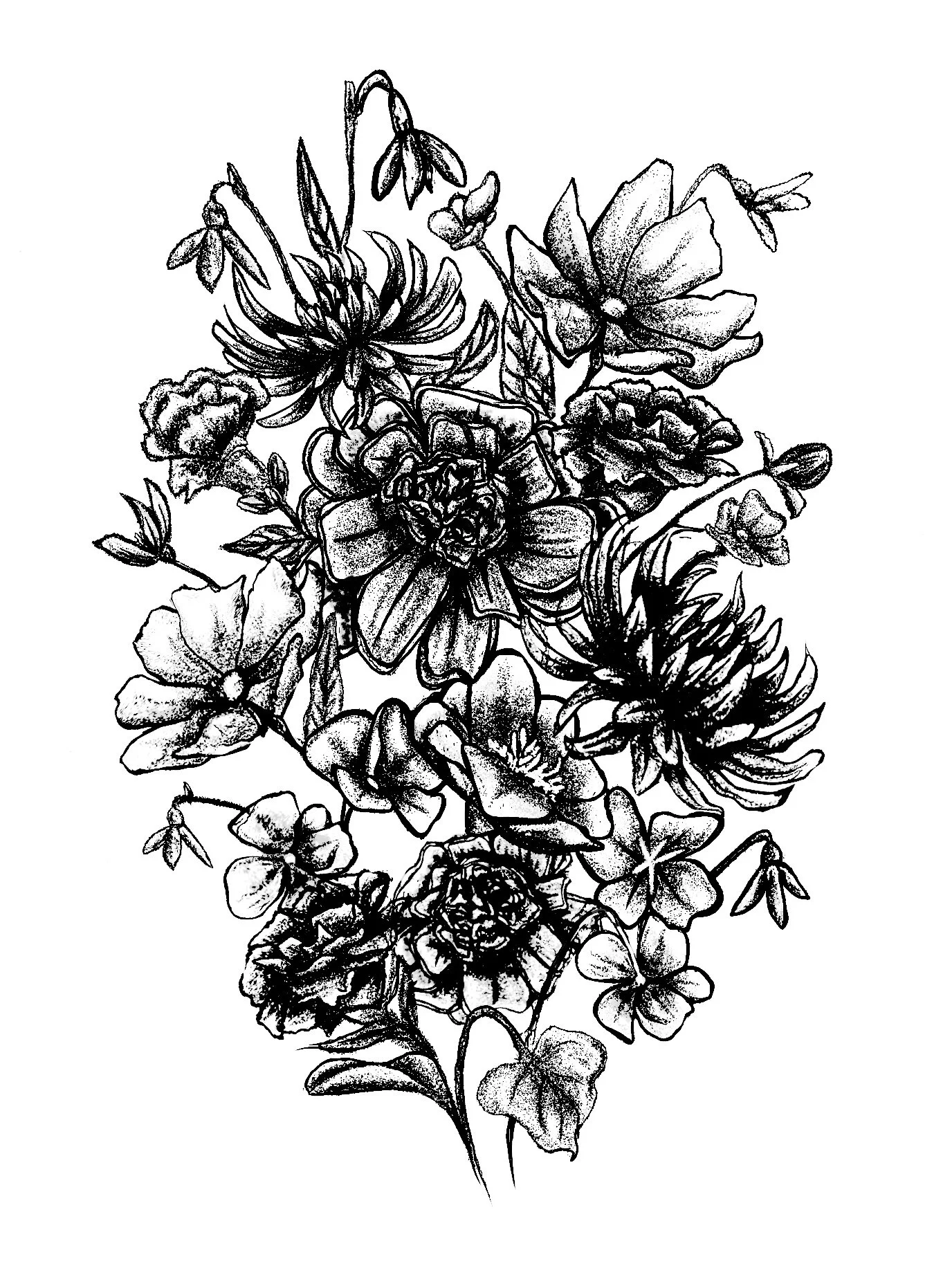 Black and white line drawing of a bouquet of various flowers and leaves